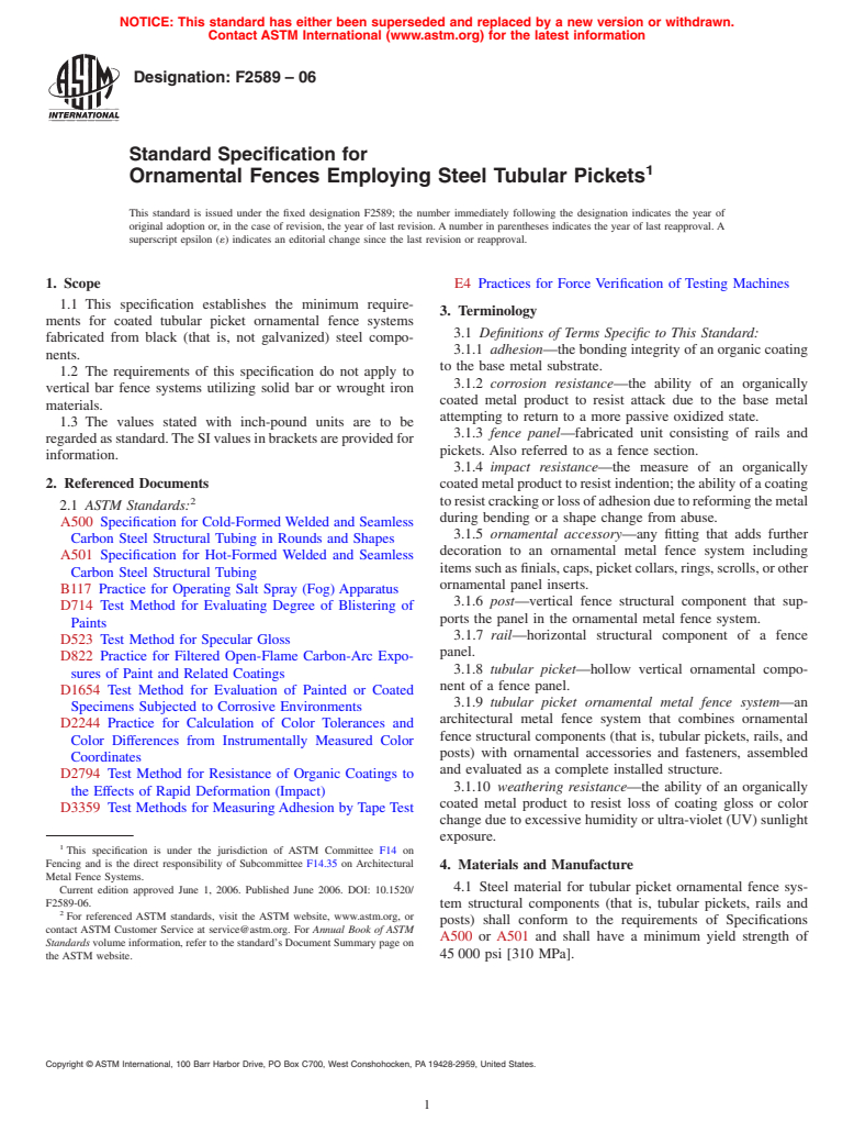 ASTM F2589-06 - Standard Specification for Ornamental Fences Employing Steel Tubular Pickets