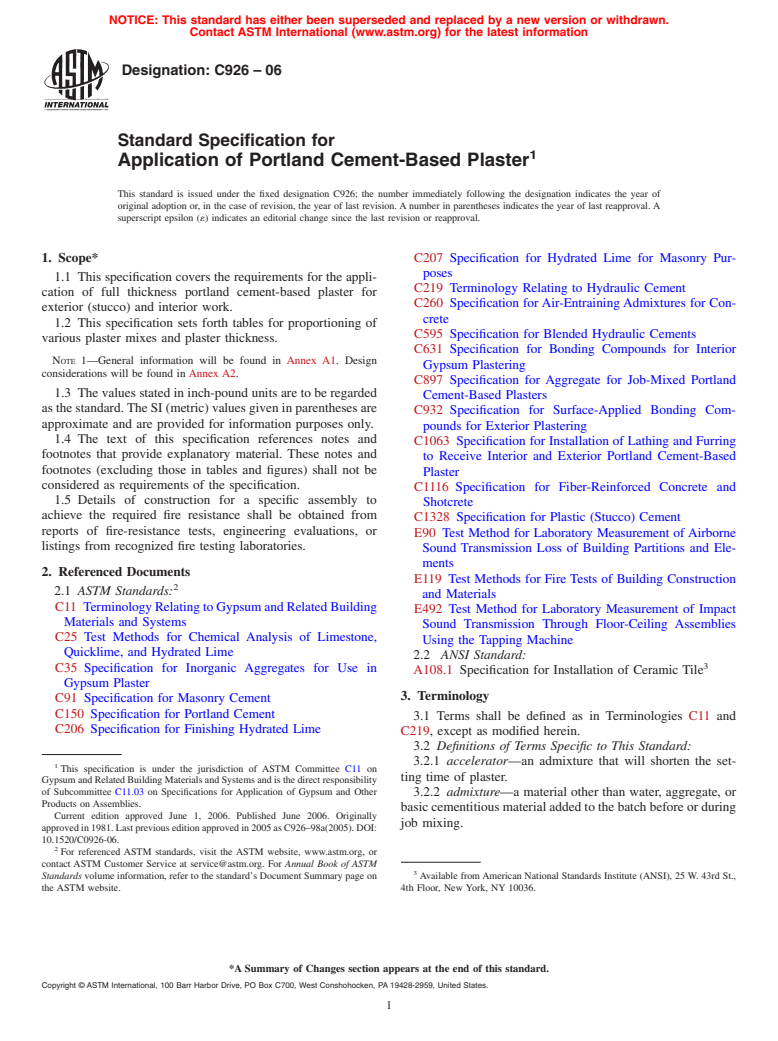 ASTM C926-06 - Standard Specification for Application of Portland Cement-Based Plaster