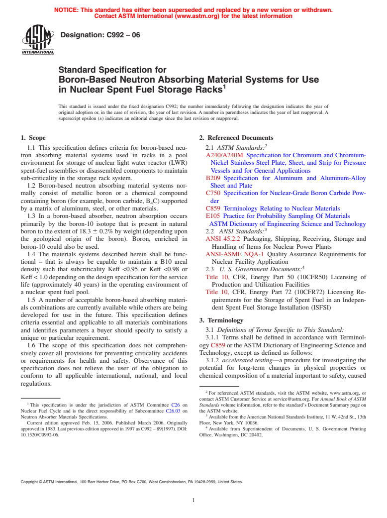 ASTM C992-06 - Standard Specification for Boron-Based Neutron Absorbing Material Systems for Use in Nuclear Spent Fuel Storage Racks