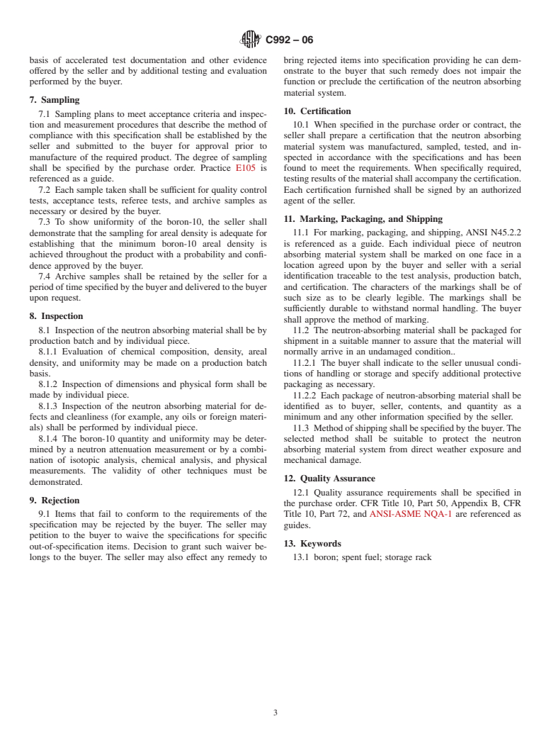 ASTM C992-06 - Standard Specification for Boron-Based Neutron Absorbing Material Systems for Use in Nuclear Spent Fuel Storage Racks