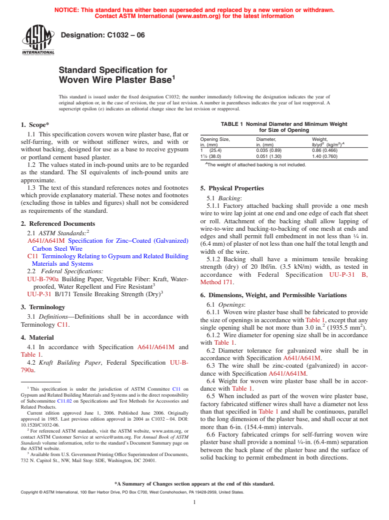 ASTM C1032-06 - Standard Specification for Woven Wire Plaster Base