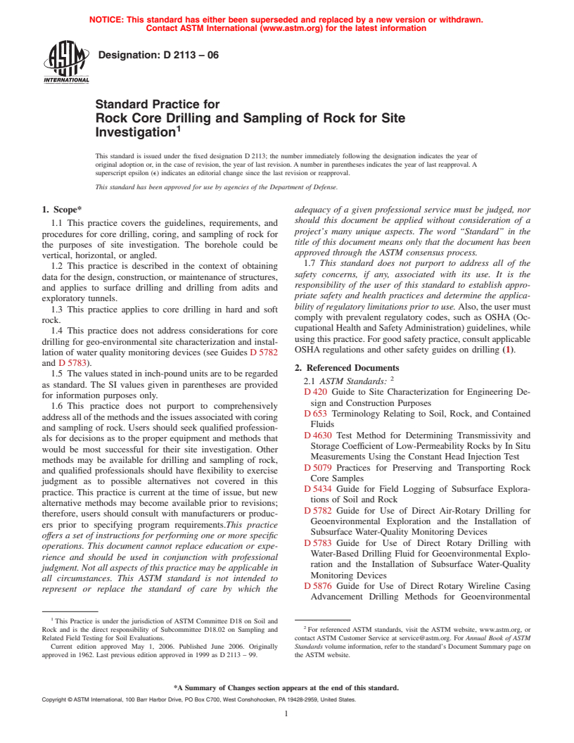 ASTM D2113-06 - Standard Practice for Rock Core Drilling and Sampling of Rock for Site Investigation