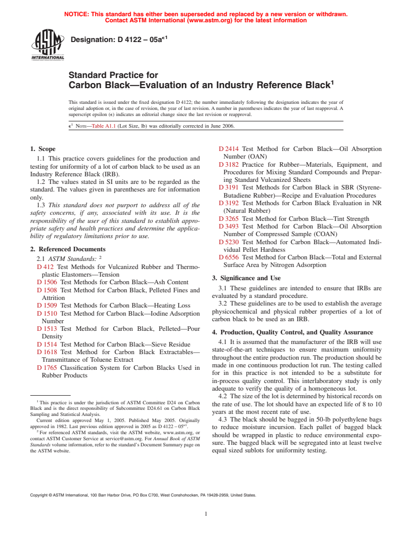 ASTM D4122-05ae1 - Standard Practice for Carbon Black-Evaluation of an Industry Reference Black