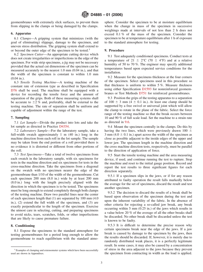 ASTM D4885-01(2006) - Standard Test Method for Determining Performance Strength of Geomembranes by the Wide Strip Tensile Method