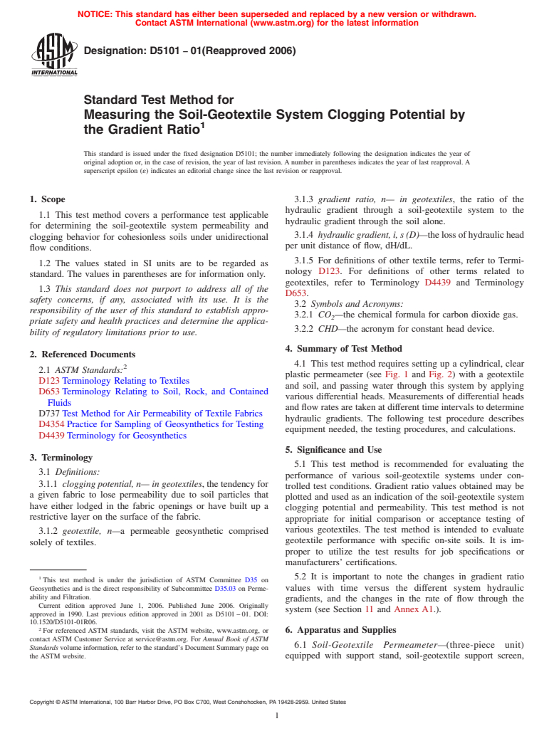 ASTM D5101-01(2006) - Standard Test Method for Measuring the Soil-Geotextile System Clogging Potential by the Gradient Ratio