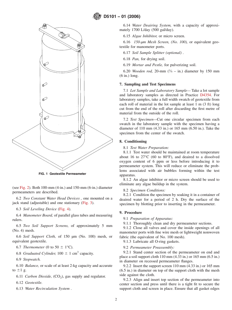 ASTM D5101-01(2006) - Standard Test Method for Measuring the Soil-Geotextile System Clogging Potential by the Gradient Ratio