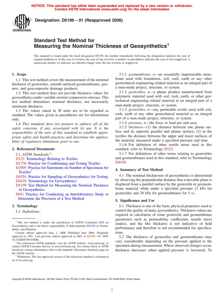 ASTM D5199-01(2006) - Standard Test Method for Measuring the Nominal Thickness of Geosynthetics