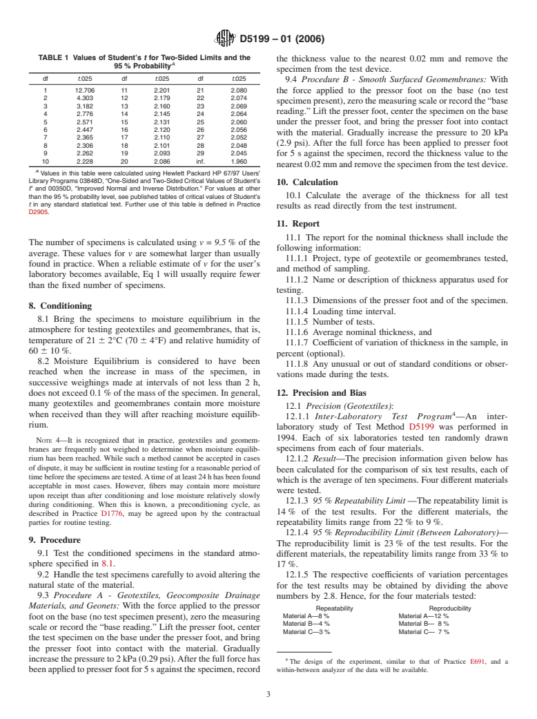 ASTM D5199-01(2006) - Standard Test Method for Measuring the Nominal Thickness of Geosynthetics