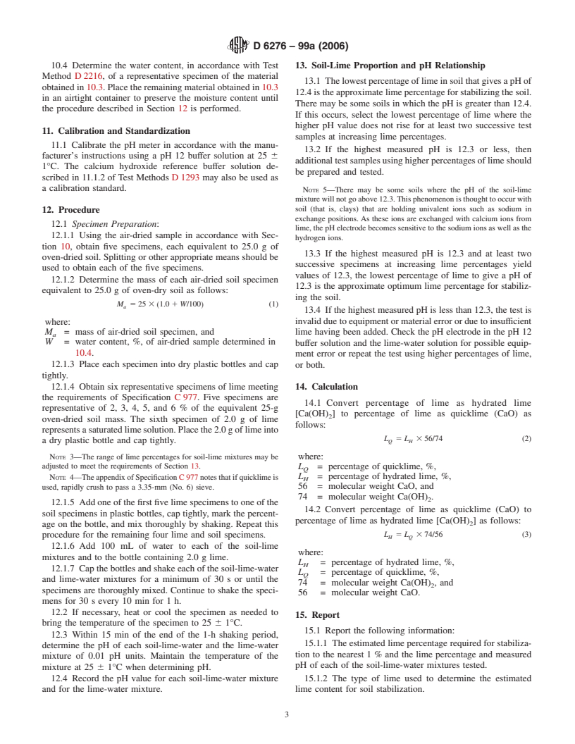 ASTM D6276-99a(2006) - Standard Test Method for Using pH to Estimate the Soil-Lime Proportion Requirement for Soil Stabilization