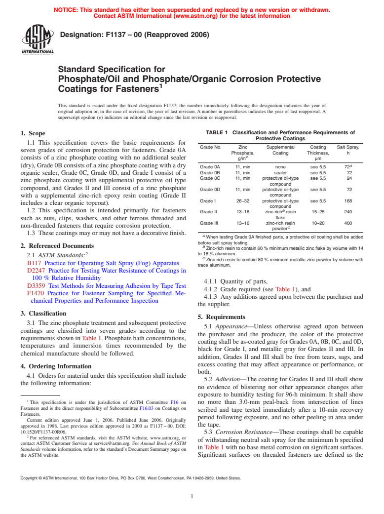 ASTM F1137-00(2006) - Standard Specification for Phosphate/Oil and Phosphate/Organic Corrosion Protective Coatings for Fasteners