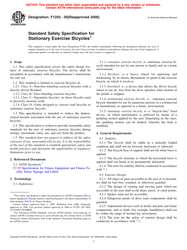 ASTM F1250-00(2006) - Standard Safety Specification for Stationary Exercise Bicycles