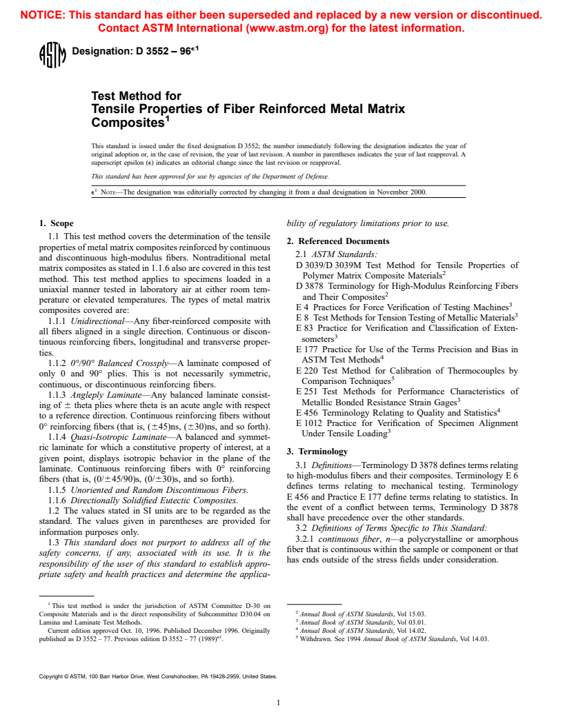 ASTM D3552-96e1 - Test Method for Tensile Properties of Fiber Reinforced Metal Matrix Composites