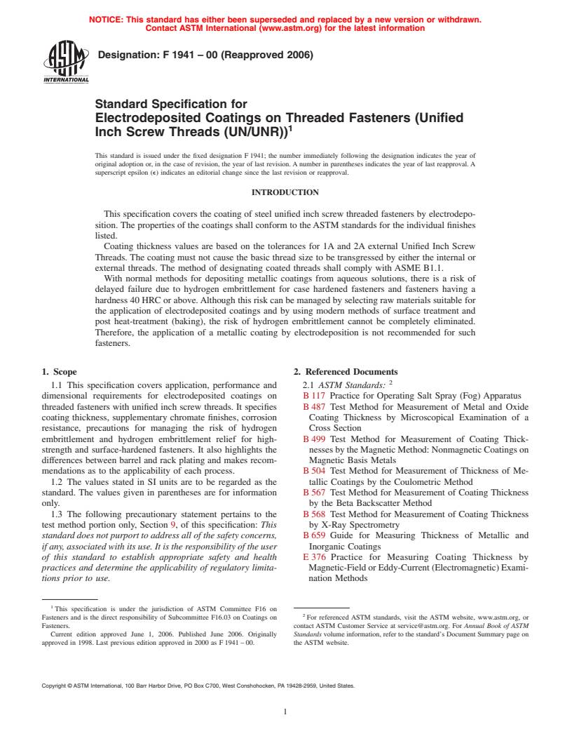 ASTM F1941-00(2006) - Standard Specification for Electrodeposited Coatings on Threaded Fasteners (Unified Inch Screw Threads (UN/UNR))