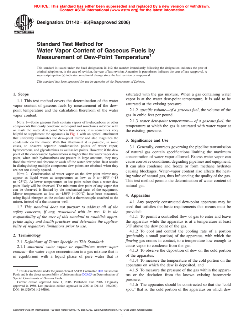 ASTM D1142-95(2006) - Standard Test Method for Water Vapor Content of Gaseous Fuels by Measurement of Dew-Point Temperature