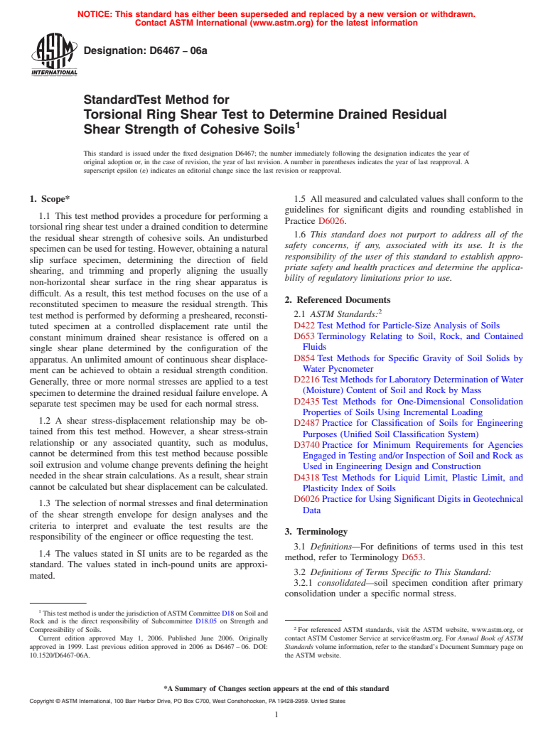 ASTM D6467-06a - Standard Test Method for Torsional Ring Shear Test to Determine Drained Residual Shear Strength of Cohesive Soils