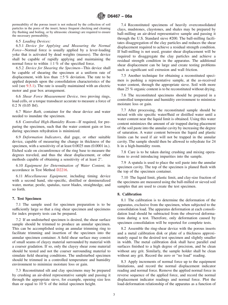 ASTM D6467-06a - Standard Test Method for Torsional Ring Shear Test to Determine Drained Residual Shear Strength of Cohesive Soils