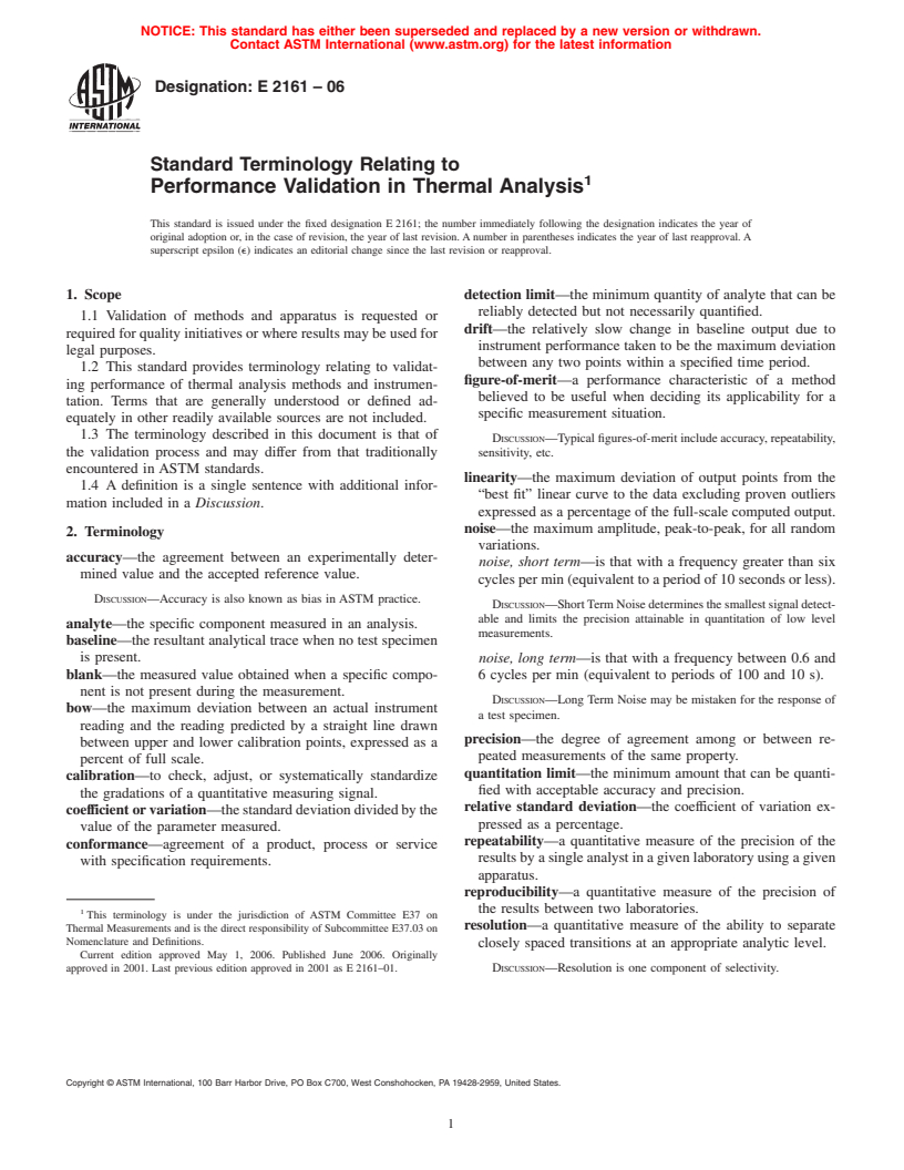 ASTM E2161-06 - Standard Terminology Relating to Performance Validation in Thermal Analysis