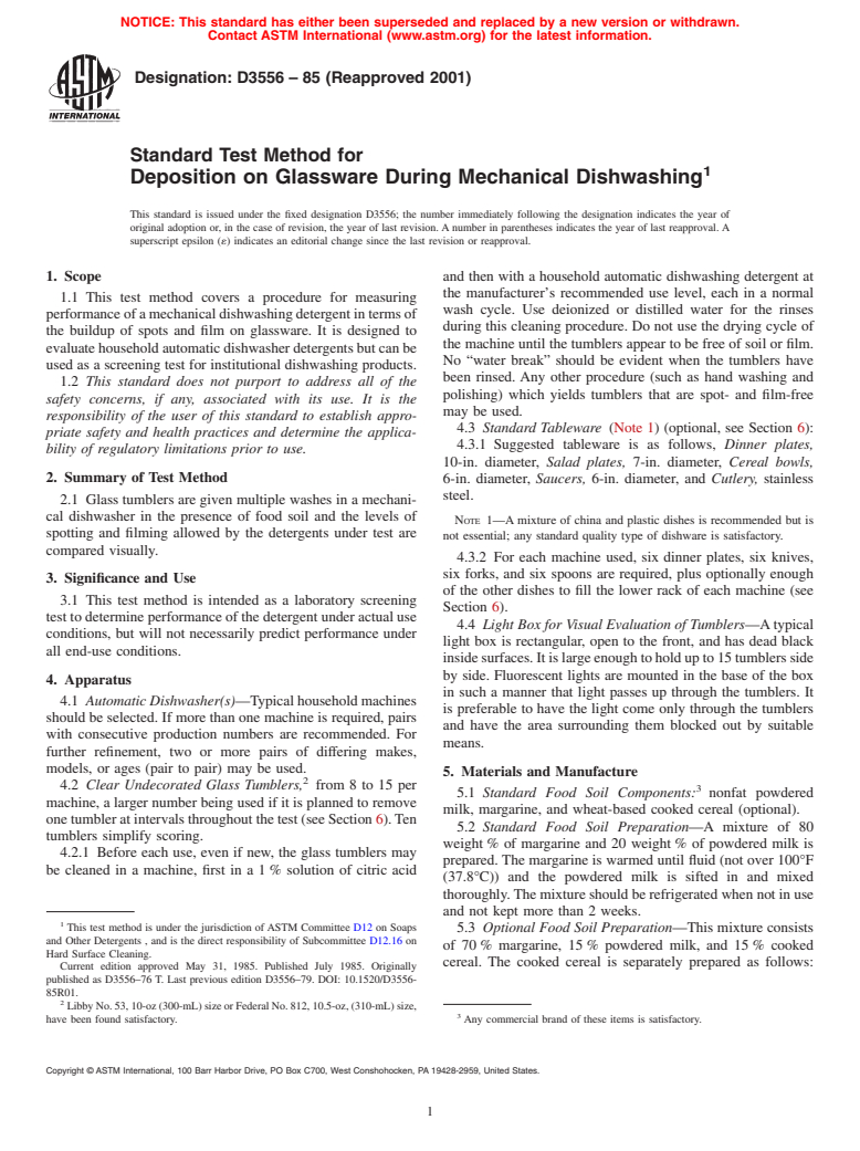 ASTM D3556-85(2001) - Standard Test Method for Deposition on Glassware During Mechanical Dishwashing