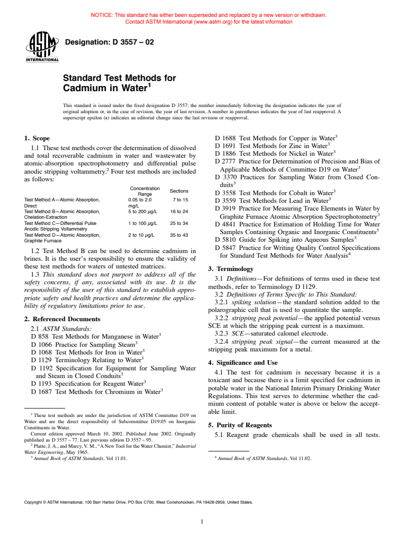 ASTM D3557-02 - Standard Test Methods for Cadmium in Water