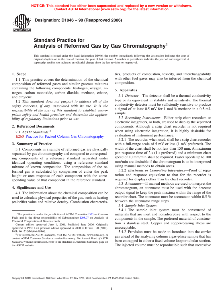 ASTM D1946-90(2006) - Standard Practice for Analysis of Reformed Gas by Gas Chromatography