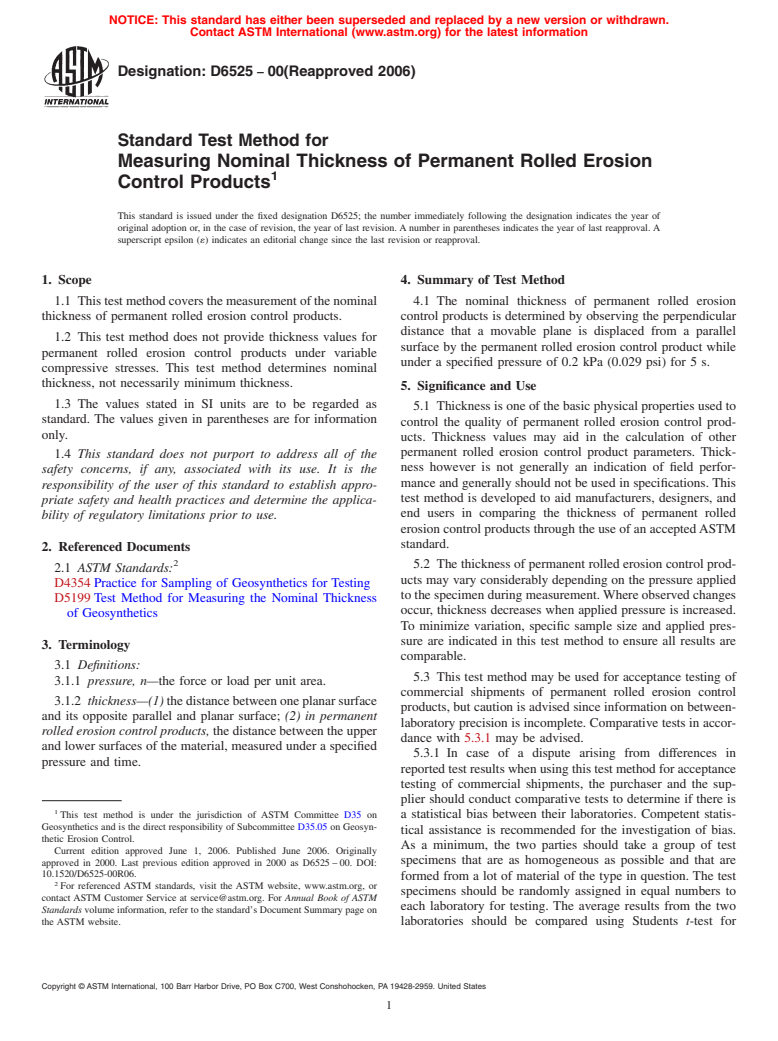 ASTM D6525-00(2006) - Standard Test Method for Measuring Nominal Thickness of Permanent Rolled Erosion Control Products