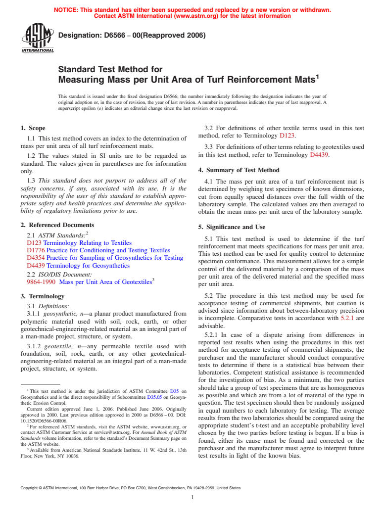 ASTM D6566-00(2006) - Standard Test Method for Measuring Mass per Unit Area of Turf Reinforcement Mats