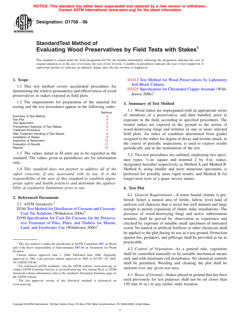 ASTM D1758-06 - Standard Test Method of Evaluating Wood Preservatives by Field Tests with Stakes (Withdrawn 2015)