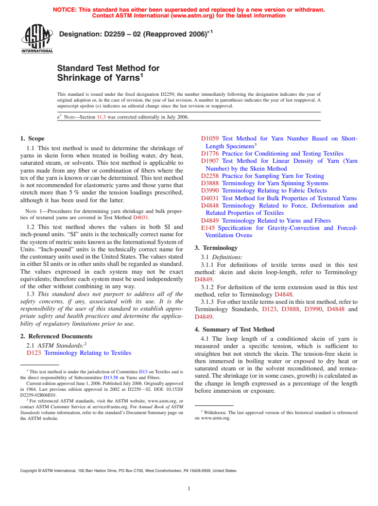 ASTM D2259-02(2006)e1 - Standard Test Method for Shrinkage of Yarns