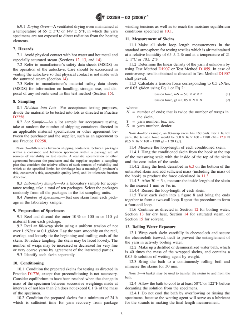 ASTM D2259-02(2006)e1 - Standard Test Method for Shrinkage of Yarns