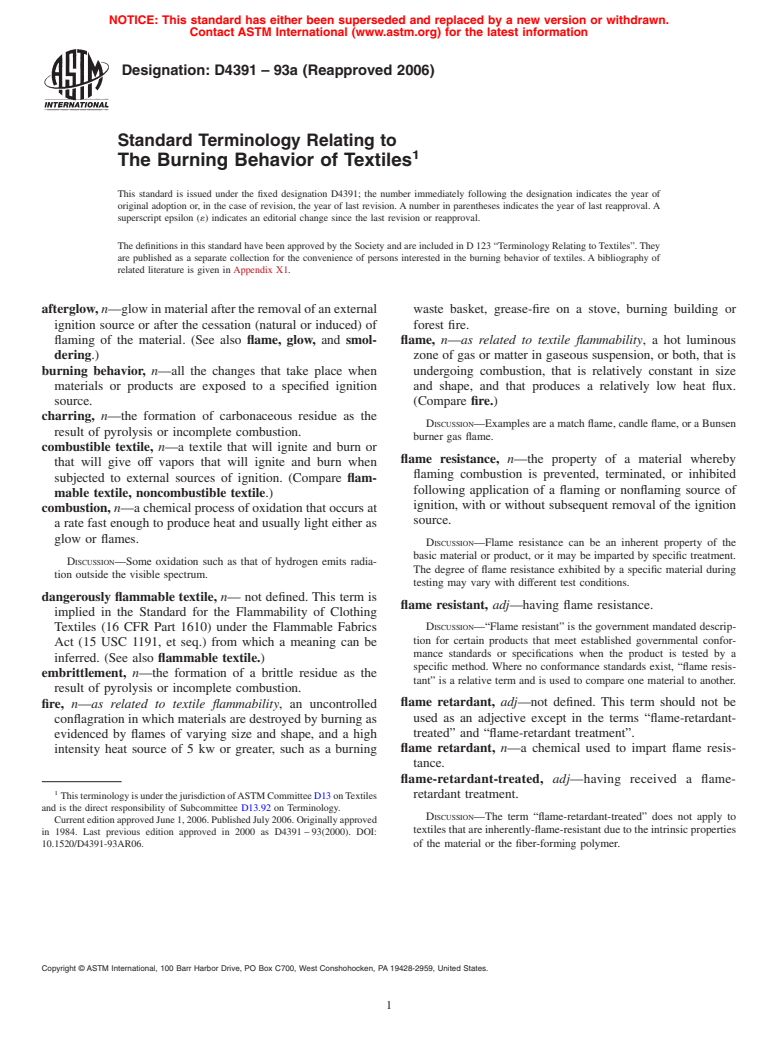 ASTM D4391-93a(2006) - Standard Terminology Relating to The Burning Behavior of Textiles