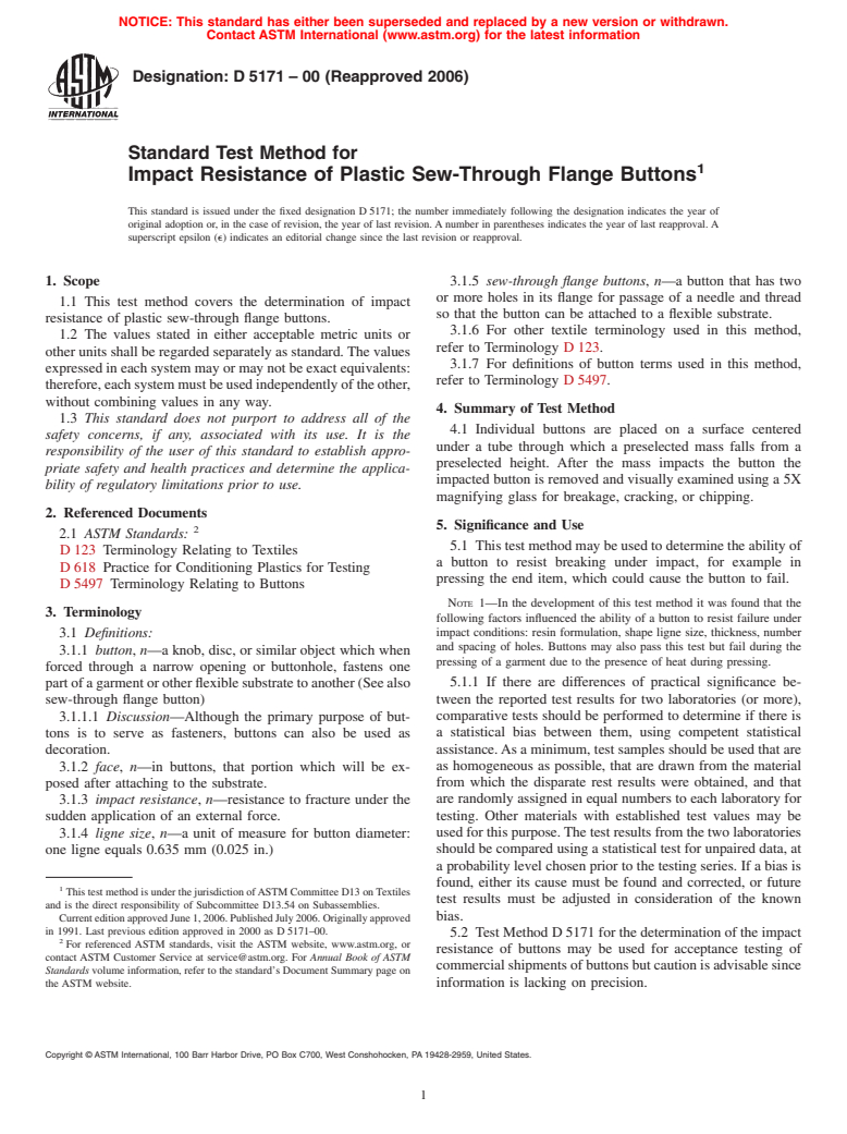 ASTM D5171-00(2006) - Standard Test Method for Impact Resistance of Plastic Sew-Through Flange Buttons