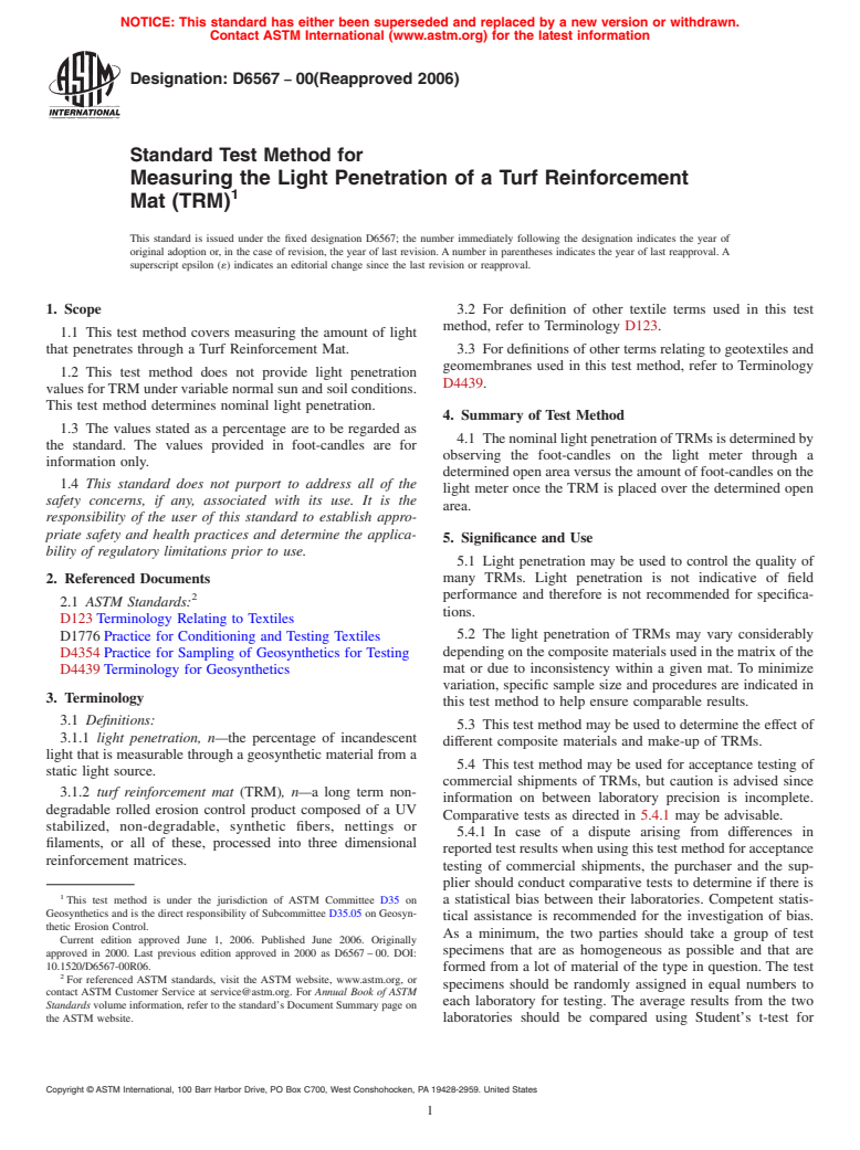 ASTM D6567-00(2006) - Standard Test Method for Measuring the Light Penetration of a Turf Reinforcement Mat (TRM)