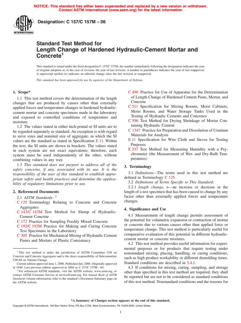 ASTM C157/C157M-06 - Standard Test Method for Length Change of Hardened Hydraulic-Cement Mortar and Concrete