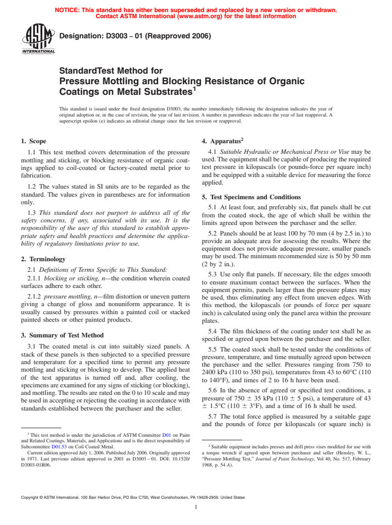 ASTM D3003-01(2006) - Standard Test Method for Pressure Mottling and Blocking Resistance of Organic Coatings on Metal Substrates