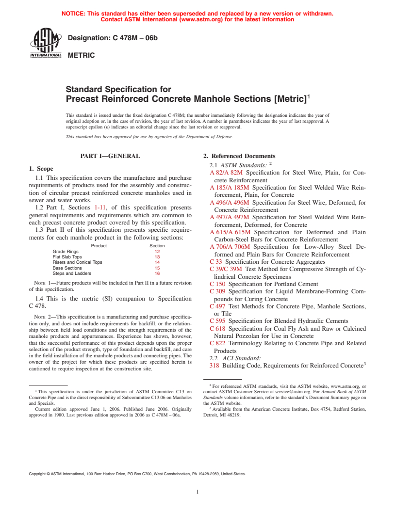 ASTM C478M-06b - Standard Specification for Precast Reinforced Concrete Manhole Sections [Metric]