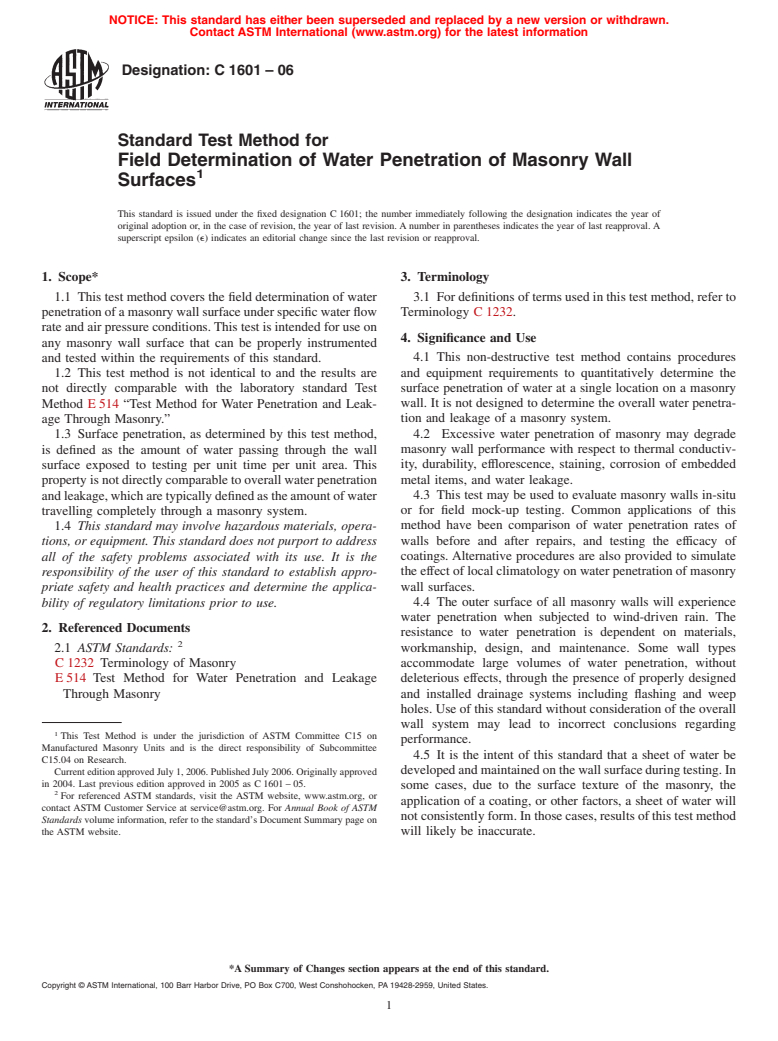 ASTM C1601-06 - Standard Test Method for Field Determination of Water Penetration of Masonry Wall Surfaces