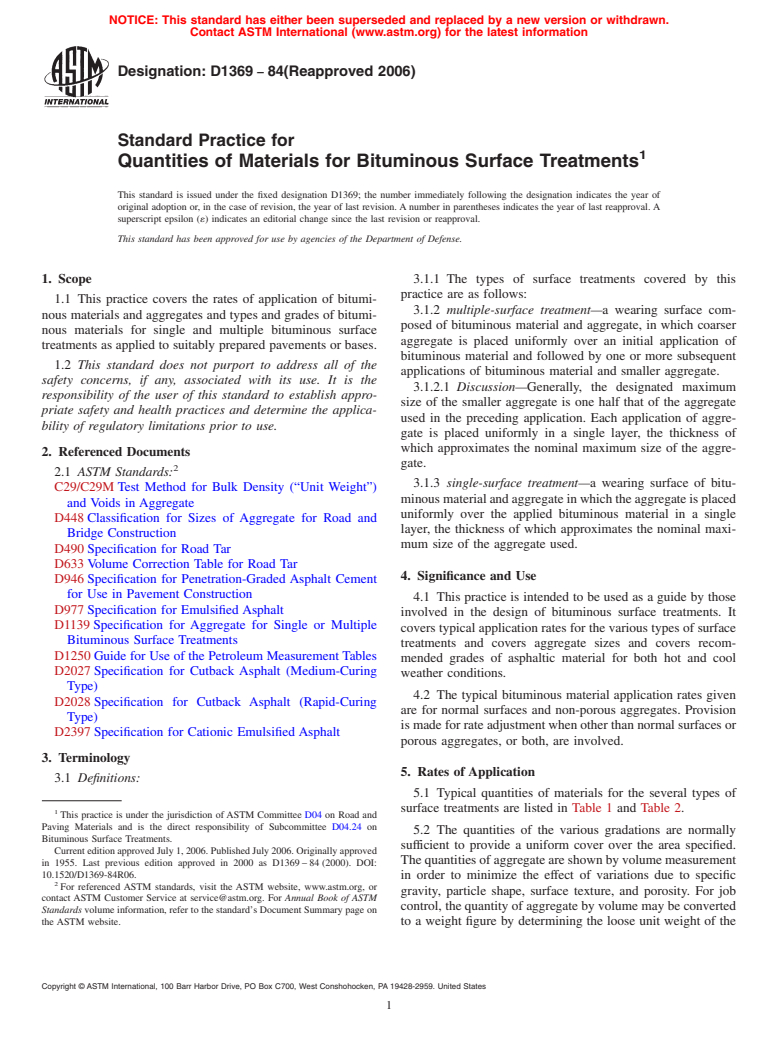 ASTM D1369-84(2006) - Standard Practice for Quantities of Materials for Bituminous Surface Treatments