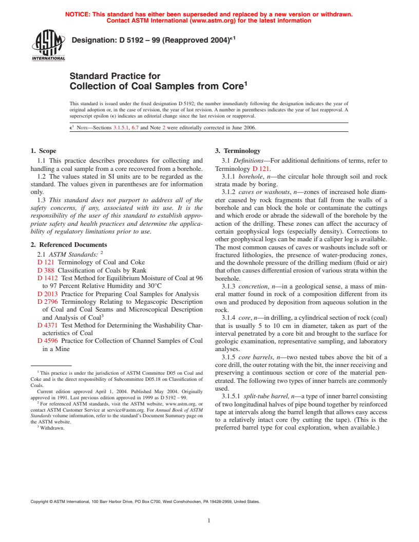 ASTM D5192-99(2004)e1 - Standard Practice for Collection of Coal Samples from Core