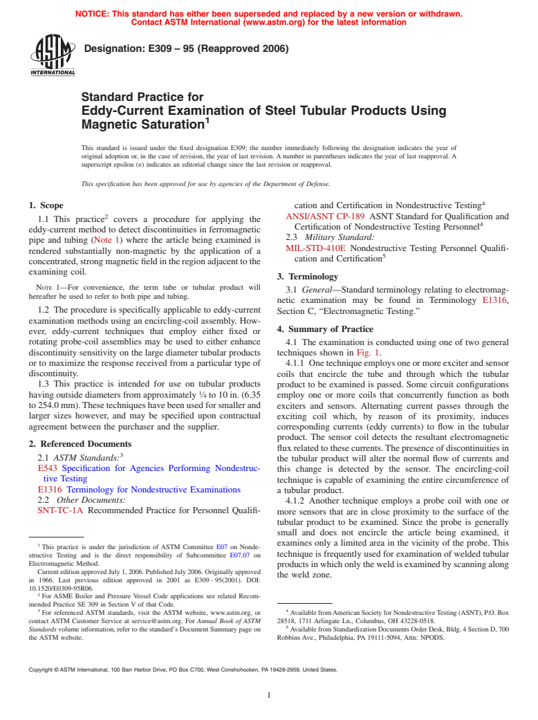 ASTM E309-95(2006) - Standard Practice for Eddy-Current Examination of Steel Tubular Products Using Magnetic Saturation