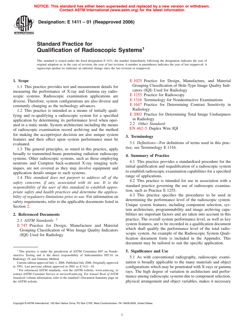 ASTM E1411-01(2006) - Standard Practice for Qualification of Radioscopic Systems