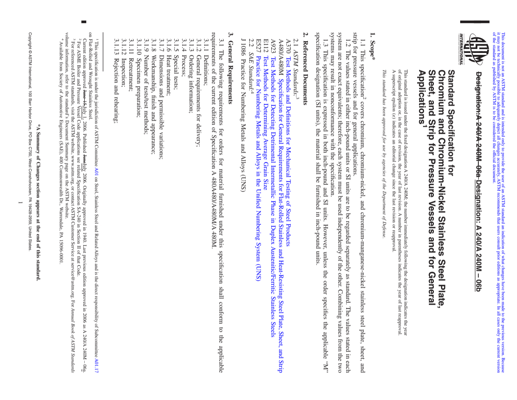 REDLINE ASTM A240/A240M-06b - Standard Specification for Chromium and Chromium-Nickel Stainless Steel Plate, Sheet, and Strip for Pressure Vessels and for General Applications