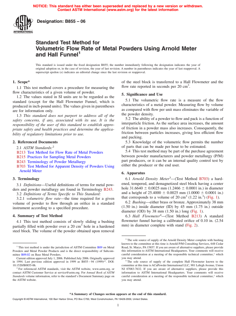 ASTM B855-06 - Standard Test Method for Volumetric Flow Rate of Metal Powders Using Arnold Meter and Hall Funnel