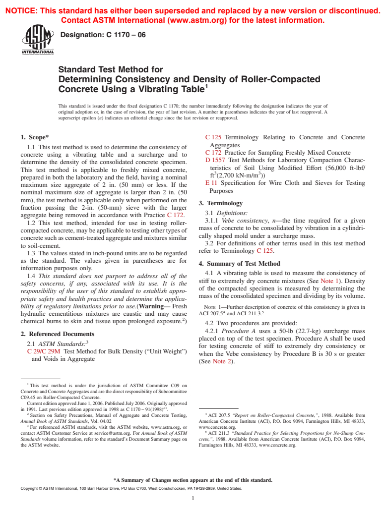 ASTM C1170-06 - Standard Test Method for Determining Consistency and Density of Roller-Compacted Concrete Using a Vibrating Table