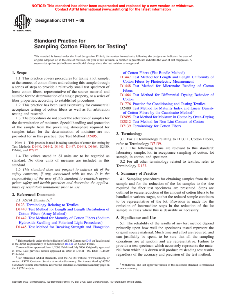 ASTM D1441-06 - Standard Practice for Sampling Cotton Fibers for Testing