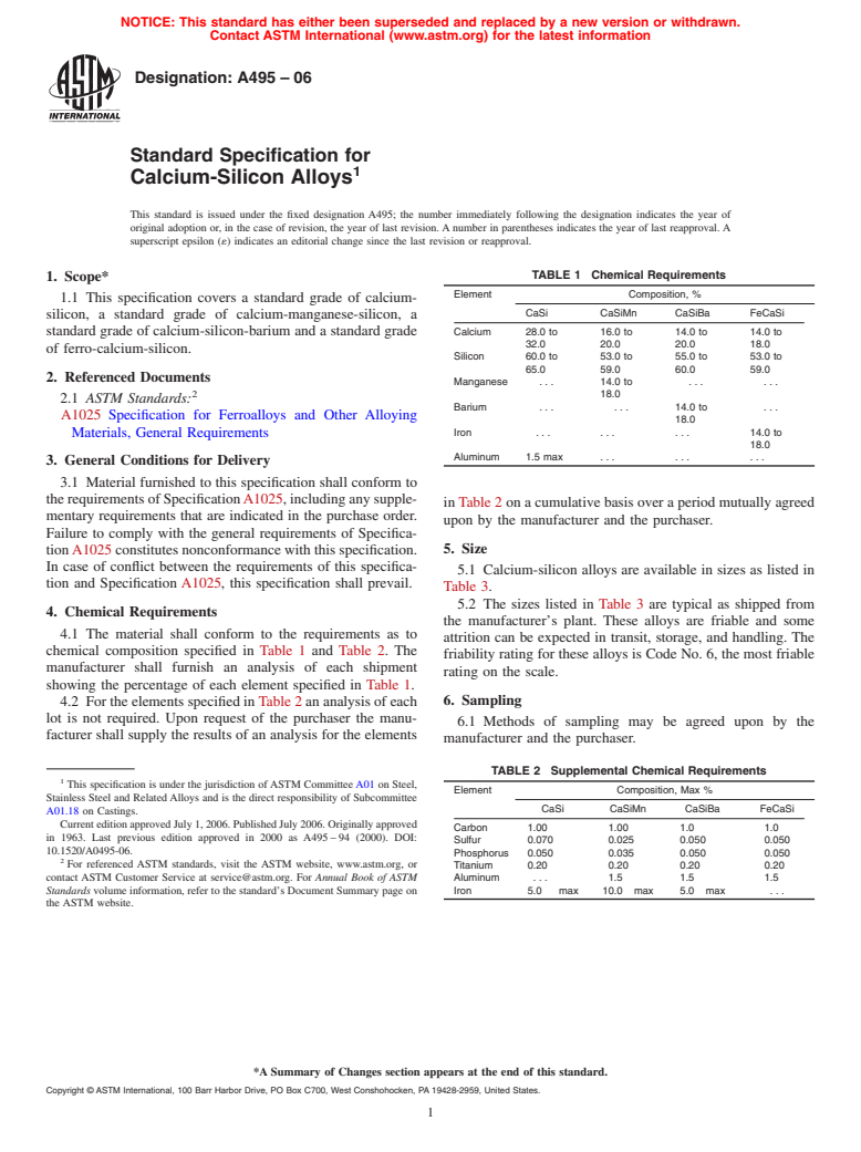 ASTM A495-06 - Standard Specification for Calcium-Silicon Alloys