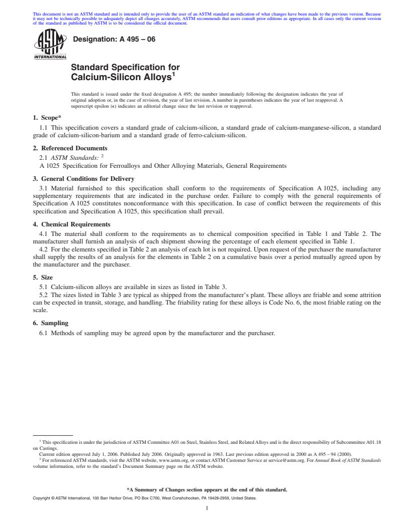 REDLINE ASTM A495-06 - Standard Specification for Calcium-Silicon Alloys