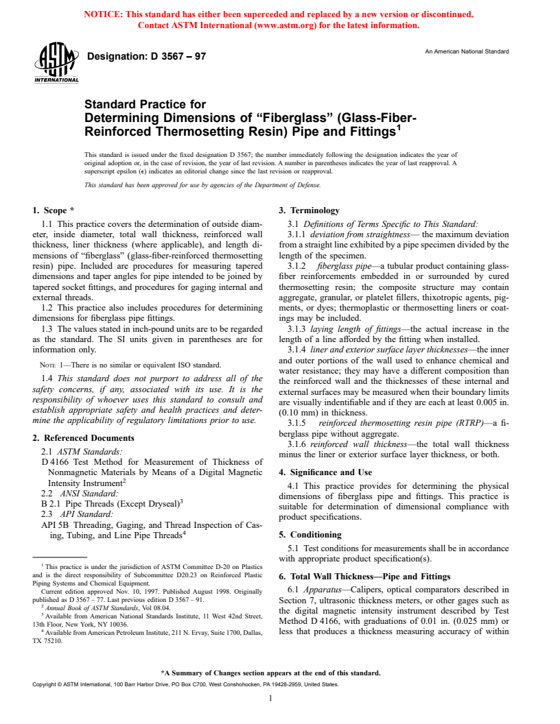 ASTM D3567-97 - Standard Practice for Determining Dimensions of "Fiberglass" (Glass-Fiber-Reinforced Thermosetting Resin) Pipe and Fittings