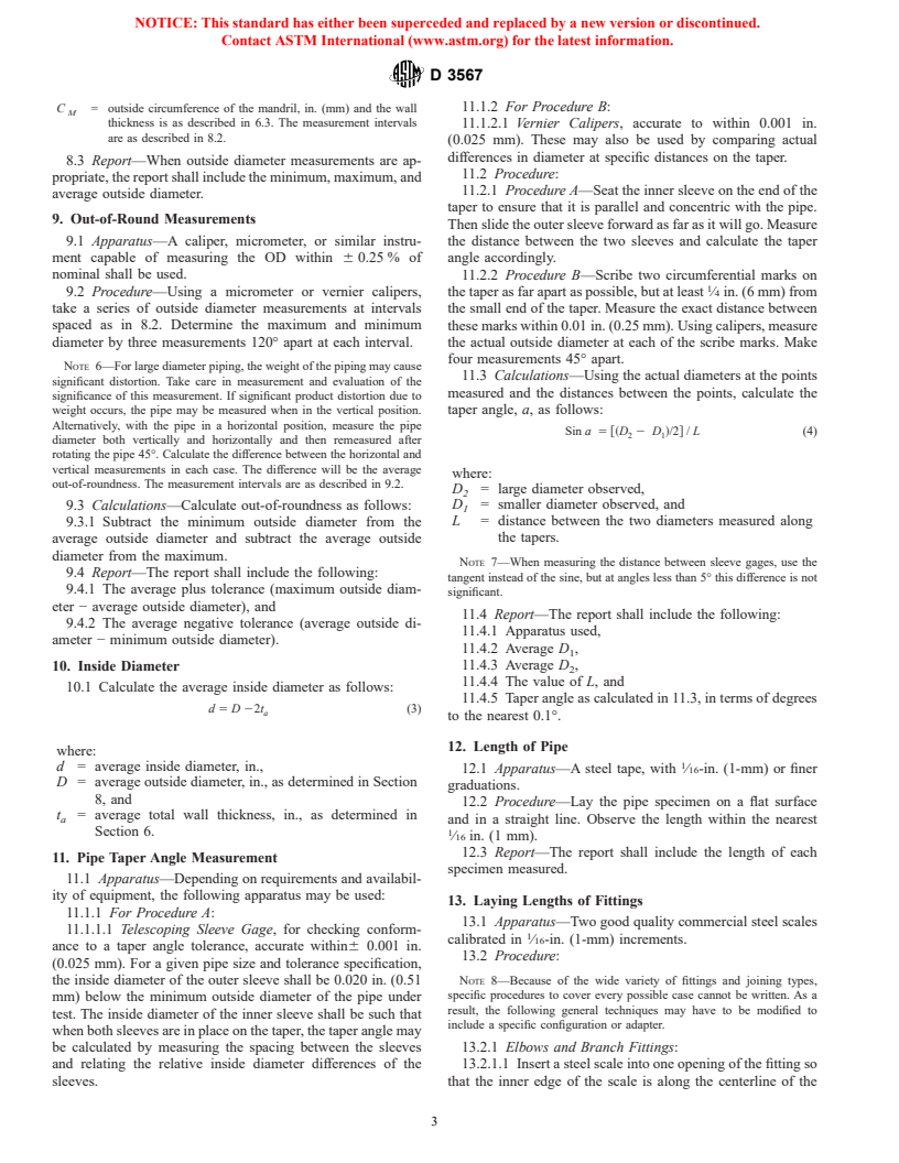 ASTM D3567-97 - Standard Practice for Determining Dimensions of "Fiberglass" (Glass-Fiber-Reinforced Thermosetting Resin) Pipe and Fittings