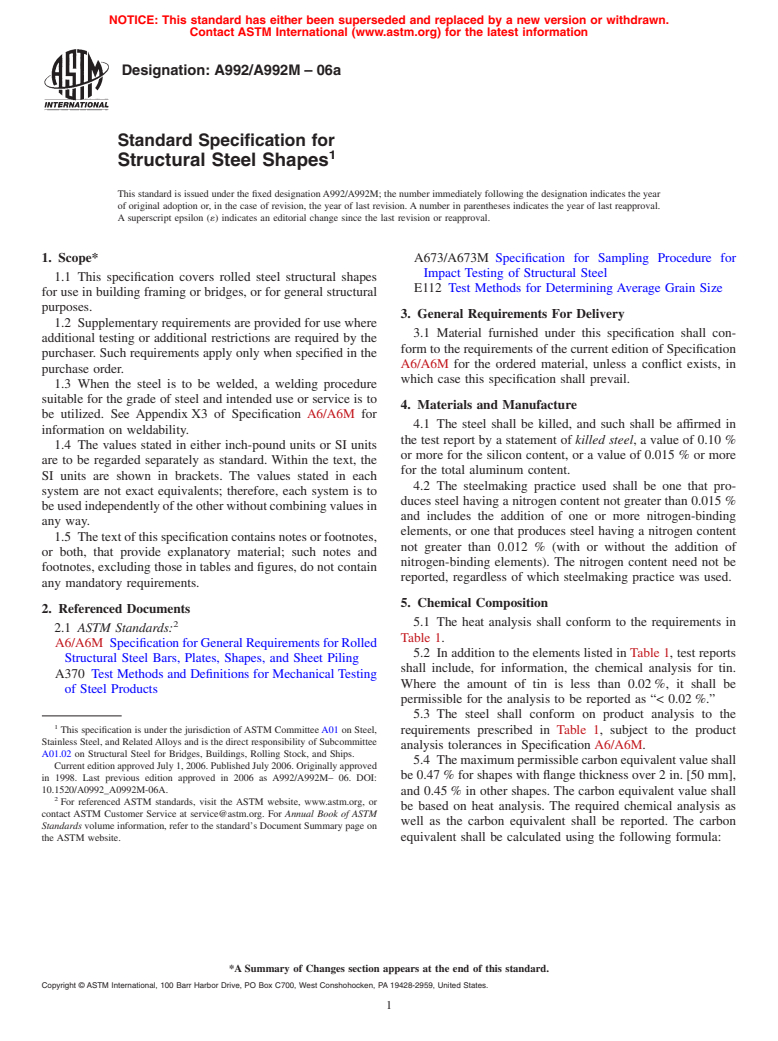 ASTM A992/A992M-06a - Standard Specification for Structural Steel Shapes