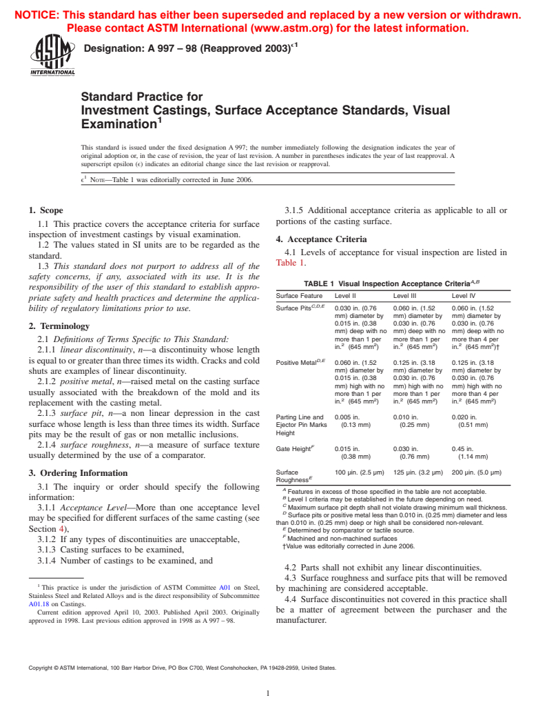 ASTM A997-98(2003)e1 - Standard Practice for Investment Castings, Surface Acceptance Standards, Visual Examination